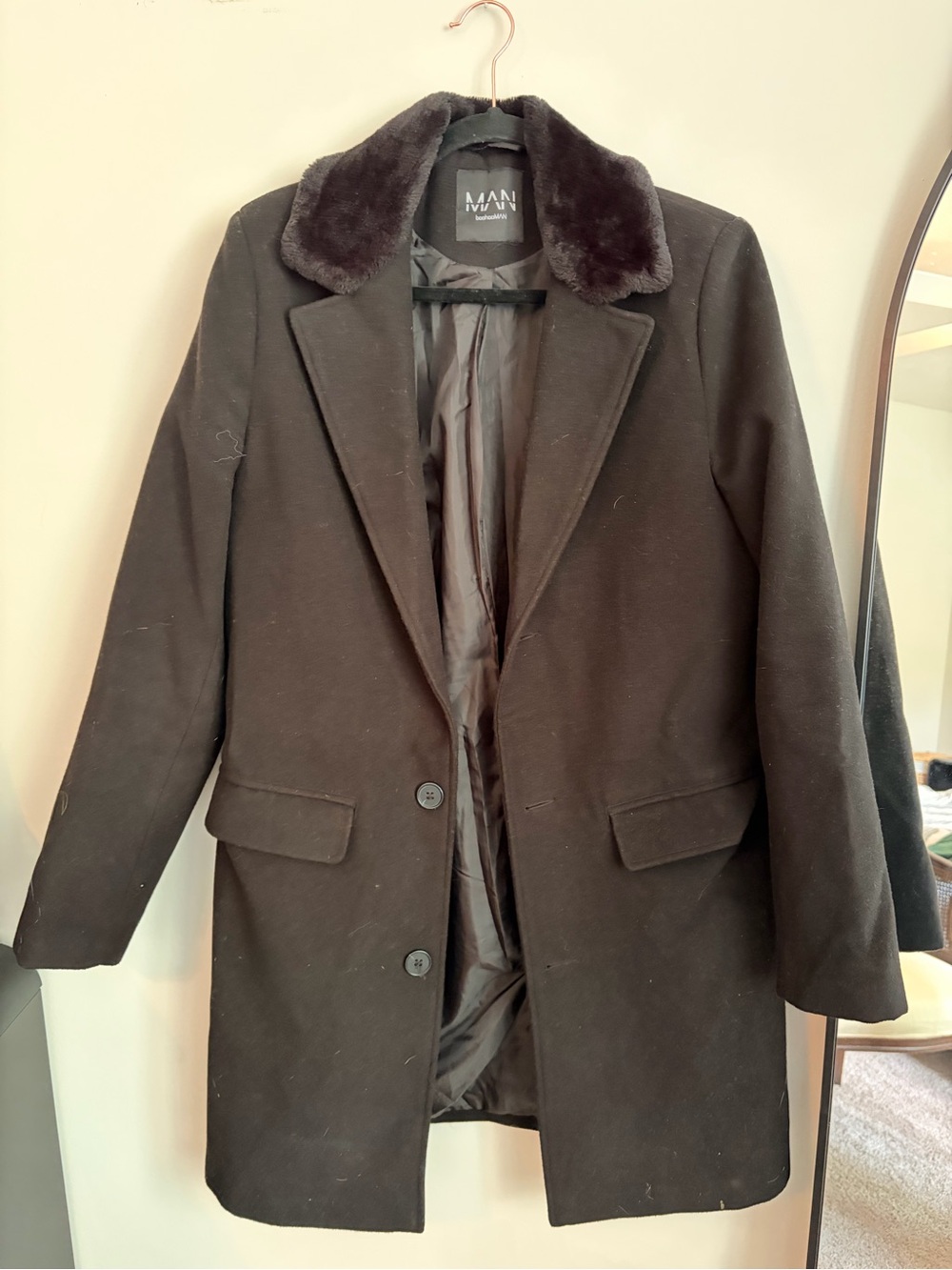 Black Men's Boohoo Wool Blend Overcoat with Faux Fur Collar